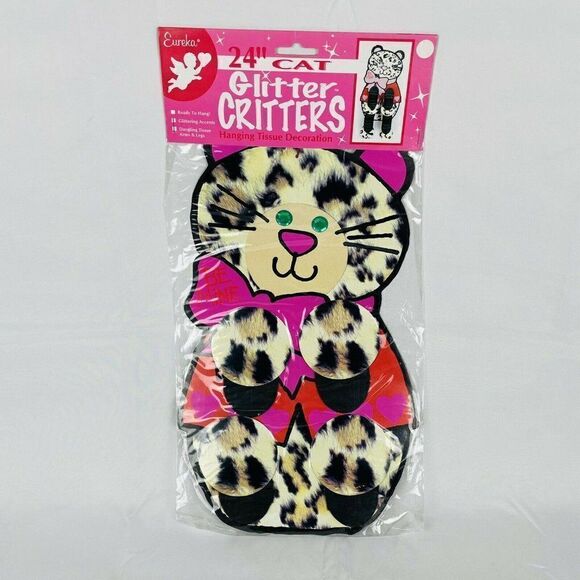 VTG 1995 NOS Eureka Glitter Critters 24" Cat Die Cut Valentine Hanging Tissue - Picture 8 of 8